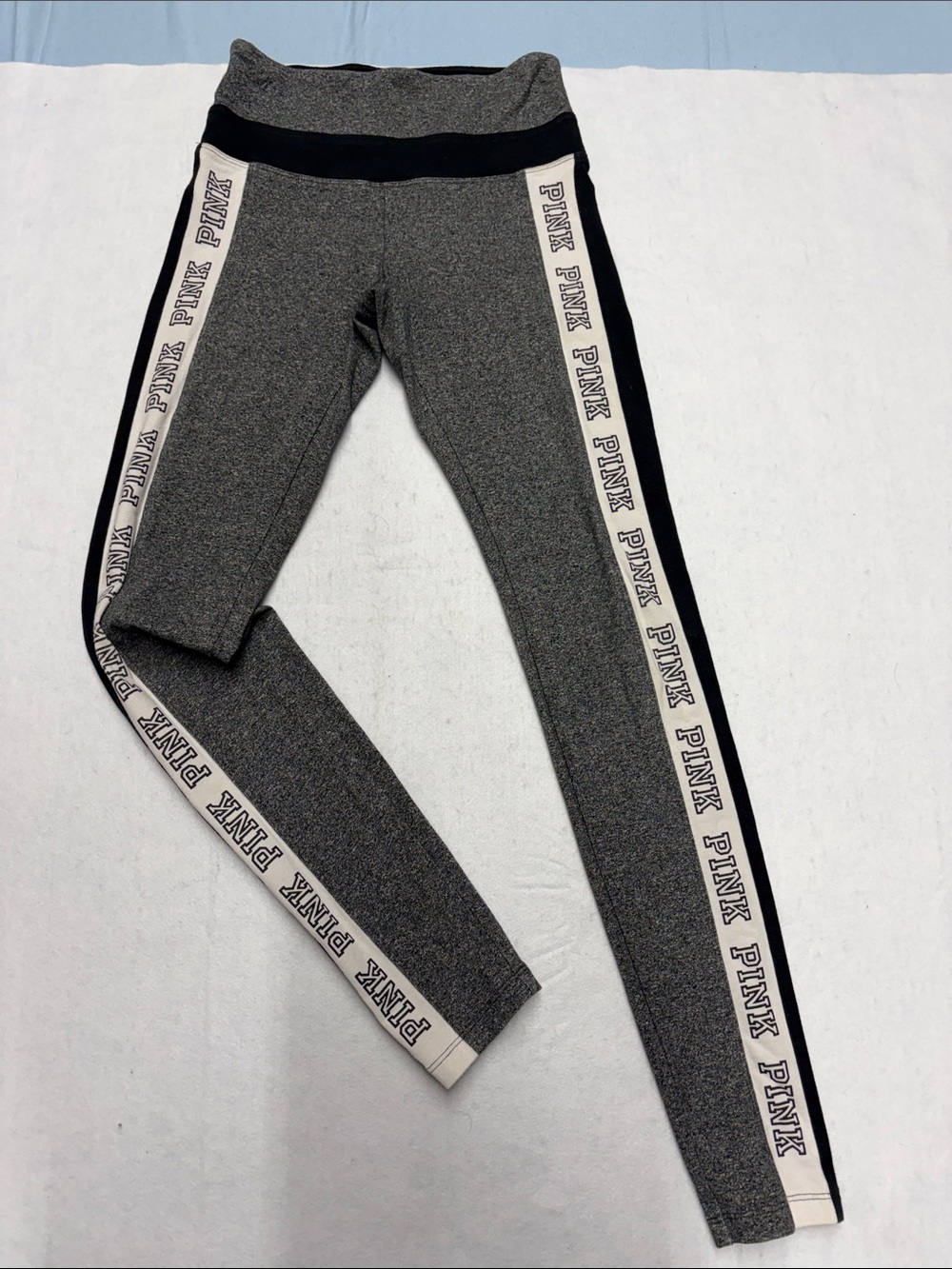 PINK Victoria's Secret Heather Gray Leggings with Black & Cream Logo Stripes